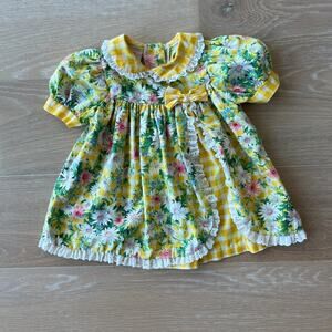 Vintage Little Precious Baby Girls Dress 18 Months Yellow Gingham Floral Lace